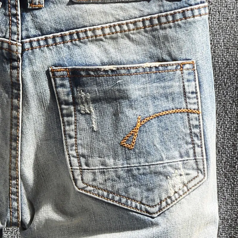 European Street Fashion Men Jeans Retro Light Blue Slim Ripped Jeans Men Korean Embroidery Designer Vintage Casual Denim Pants