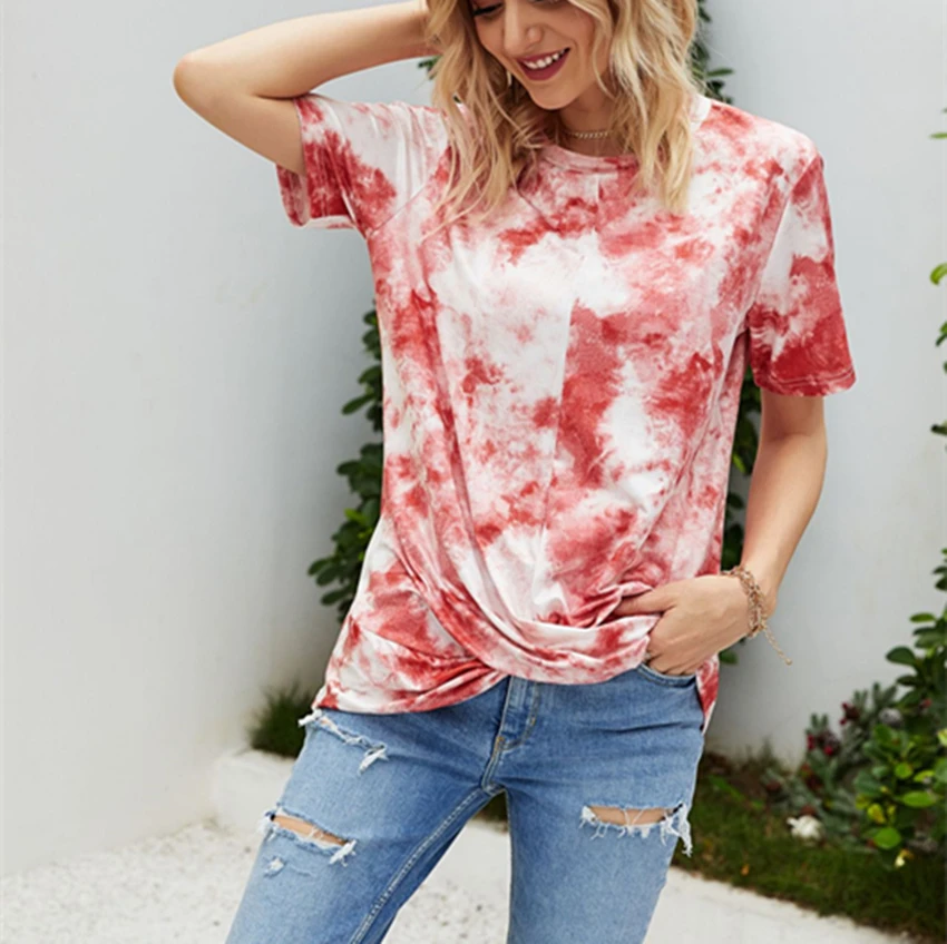 Футболка Tie-dye женские свободные топы футболка Летние Плиссированные футболки с