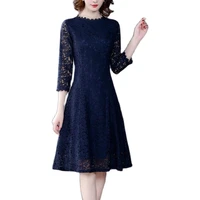 lukaxsikax 2020 new spring autumn women dress high quality simple slim navy blue lace dress elegant vintage party dress
