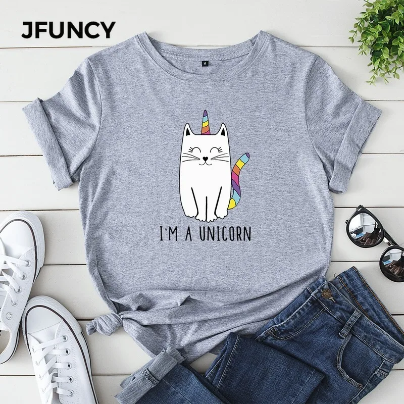 JFUNCY 100% Cotton Women Summer T Shirt  Cute Unicorn Print Tees Tops Short Sleeve Woman T-shirt Female Loose Tshirt