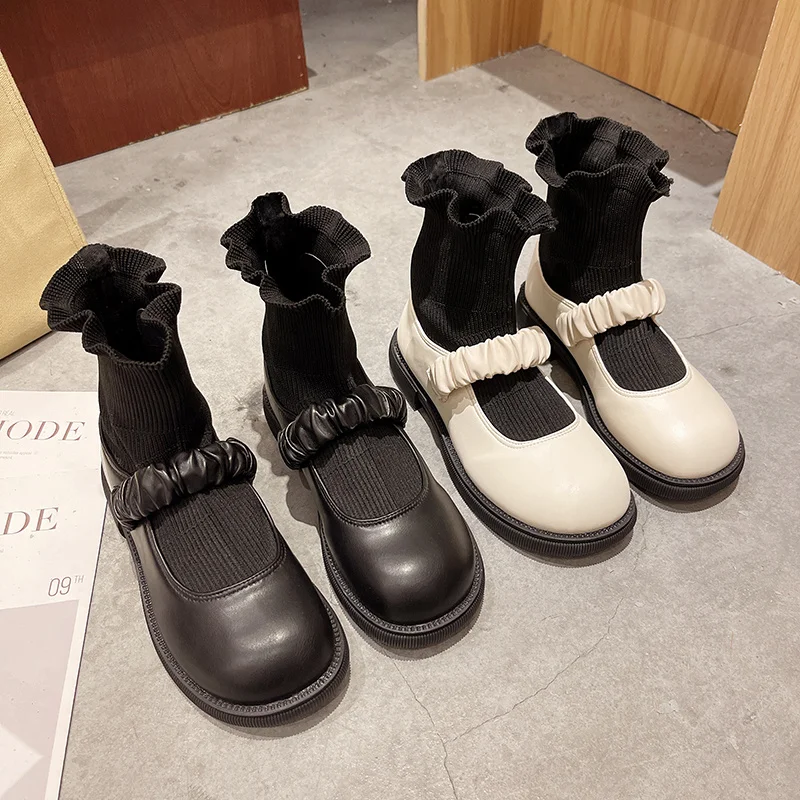 

Эластичные вязаные туфли-носки, Женская Осенняя Новая универсальная обувь в британском стиле на толстом каблуке, короткие ботинки в стиле п...