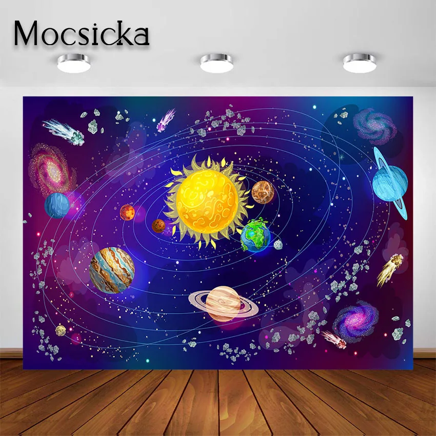 

Mocsicka Universe Space Earth Planet Spacecraft Astronaut Backdrop Kids Birthday Party Photography Background for Photo Studio