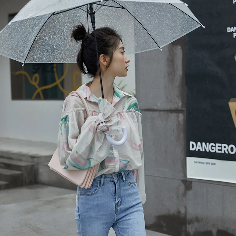 

Korejepo Women Blouse 2021 Autumn New Korean Chic Lantern Sleeve Printed Female Loose Wood Ear Long-sleeved Shirt Female Tops