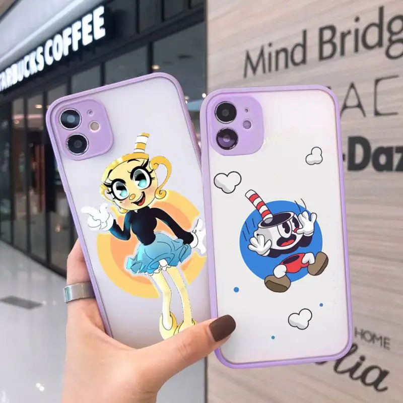 

Cartoon cute Cuphead Phone Case For iPhone 12 11 Mini Pro XR XS Max 7 8 Plus X Matte transparent Purple Cover