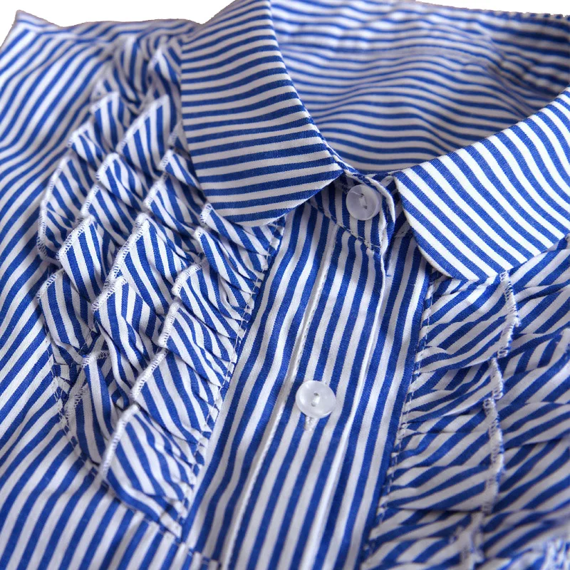 

Women's Sleeveless Blouses 2020 Summer New Cotton Casual Striped Fold Collar Ruffles Singe Breasted Shirts Freeshipping
