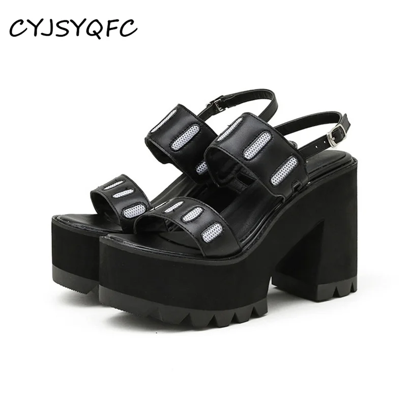 

CYJSYQFC Summer Thick Bottom High Heels Sandals Women Punk Cool Open Toe Black White PU Leather Belt Buckle Platform Lady Shoes