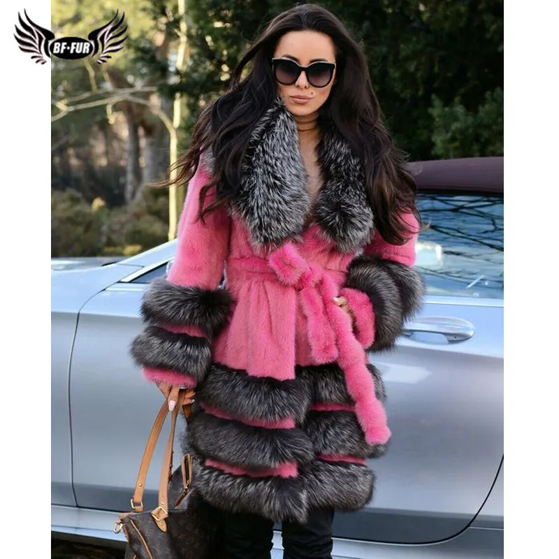 

BFFUR Winter Women Natural Fur Coats Outfit High Quality Long Real Mink Fur Coat With Silver Fox Fur Collar Luxury Overcoats