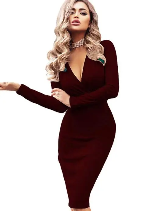 

Hot sale autumn new style women's fashion pure color elegant leopard print Vestidos dress deep V pleated long sleeve party dress