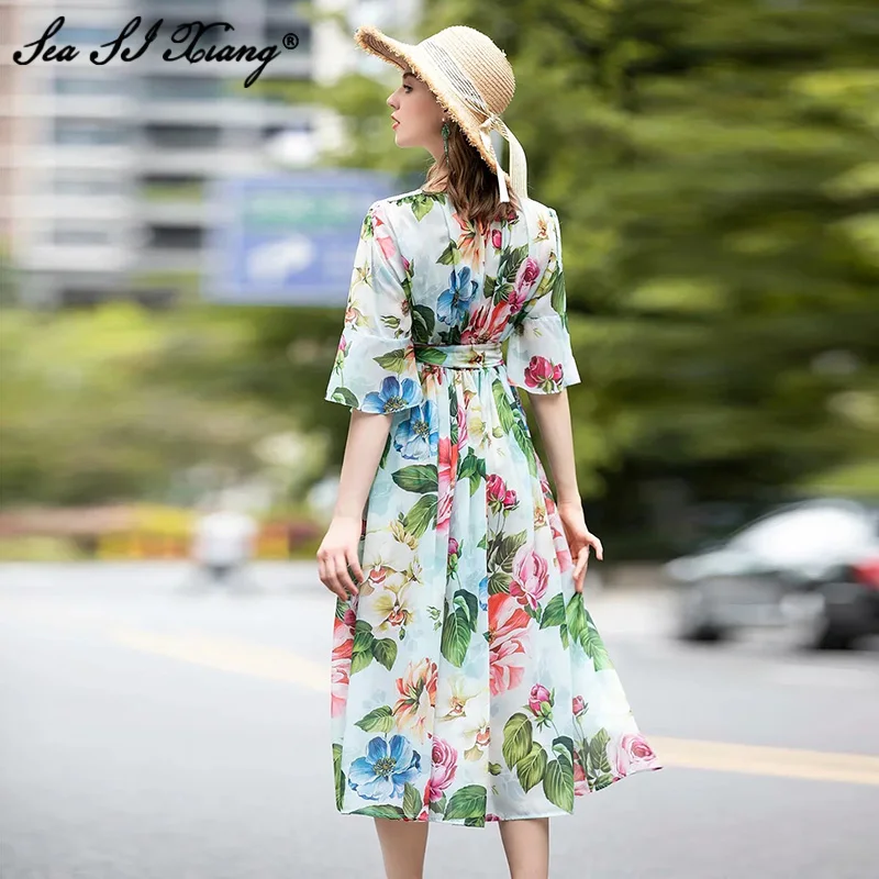 

Seasixiang Runway Custom Summer Party Long Dresses Women's Elegant 3/4 Sleeve V-Neck Flower Print Blue Chiffon Dress