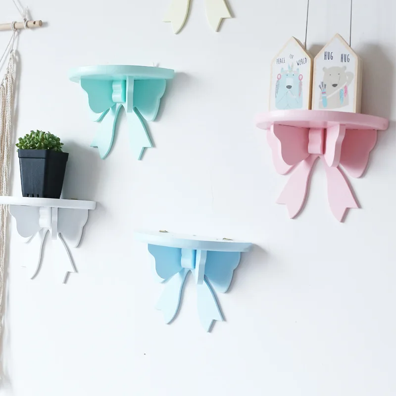 

Nordic Wooden Bow Shelf Storage Rack Macaron Cute Bow Princess Room Shelves Children Room Decoration wall Organizer Holder