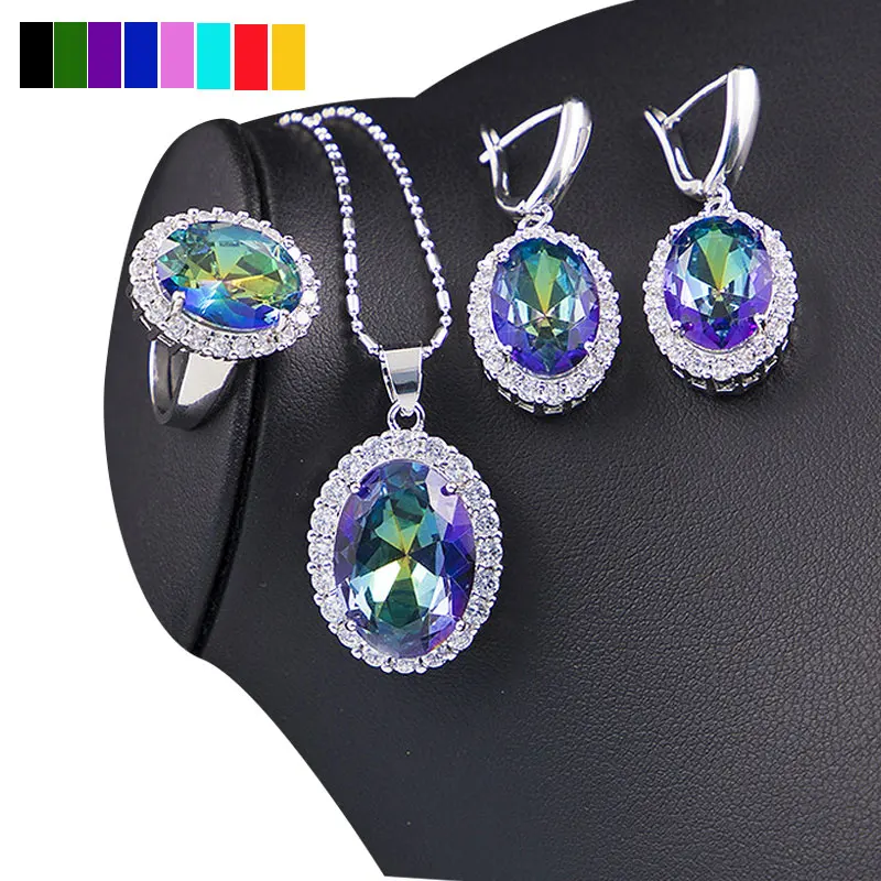 Silver 925 Classic Jewelry Sets For Women Blue Rainbow Sapphire Topaz Amethyst Morganite Bridal Necklace Earrings Ring | Украшения и