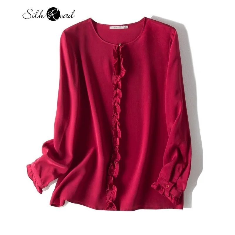 Silviye Silk Crepe-De-Chine mu er bian Pure Color Pullover Girl's Shirt 100 Mulberry Silk Long-Sleeved Upper Garment Female