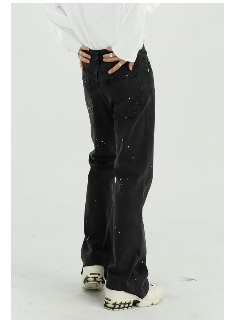 

Paint Dot Broken Hem Small Bootcut Casual Denim Pant for Male Streetwear Hip Hop Vintage Fashion Loose Jeans Trousers Men