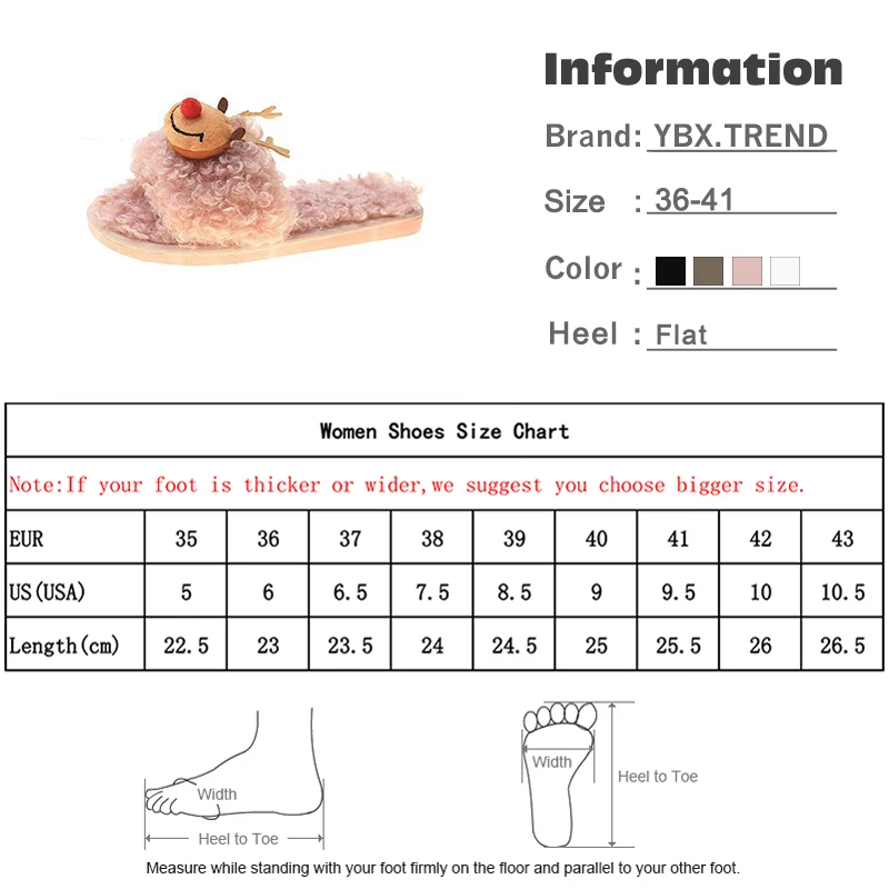 

Winter Women Slippers Christmas Elk Cute Ladies Faux Fur Warm Indoors Flats Shoes Fluffy Female Short Plush Slip On Fashion 2021
