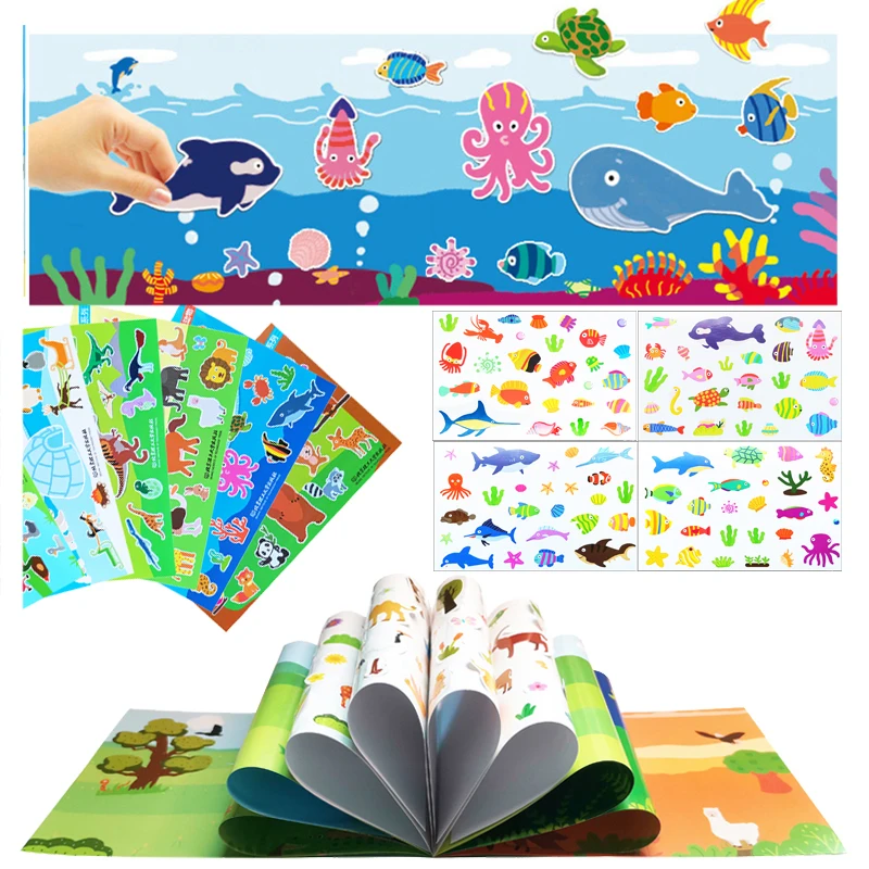 Children Cartoon Sticker Books DIY Puzzle Creation Scenes Animal Dinosaur Ocean Stickers Kids Concentration Training Games Toys images - 6