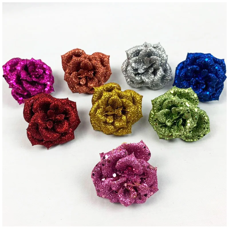 

10Pcs Artificial Glitter Rose Hollow Shiny Plastic Simulation Rose flowers For Wedding Christmas Home Decoration Accessories