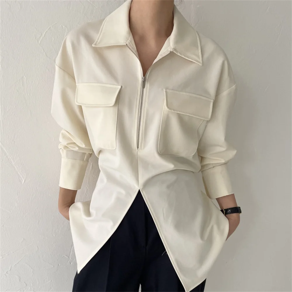 

동대문 Fashion Women Zipper Shirts Full Sleeve Minimalist All Match Hot Office Lady Casual Chic Elegant Femme Top