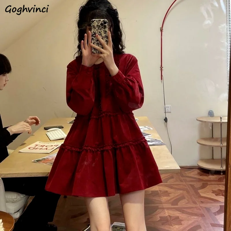 Женское элегантное красное простое универсальное платье с длинным рукавом в