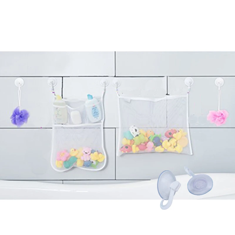 Сетчатая Сумка на присоске для детских игрушек 2 сумки + 6 крючков хранения