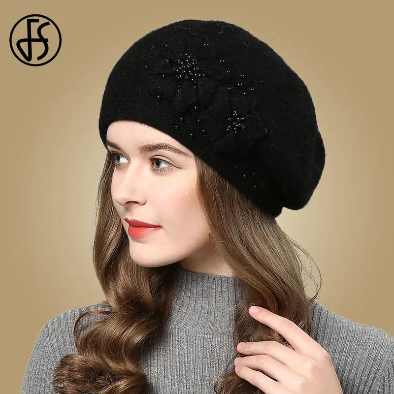 FS зимние розовые шапки берет для женщин со стразами и кроличьими цветами женские