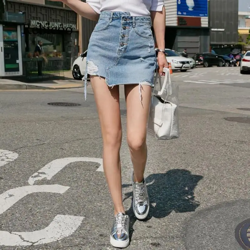 Мини-юбка женская джинсовая Асимметричная повседневная легкая рваная мини-юбка