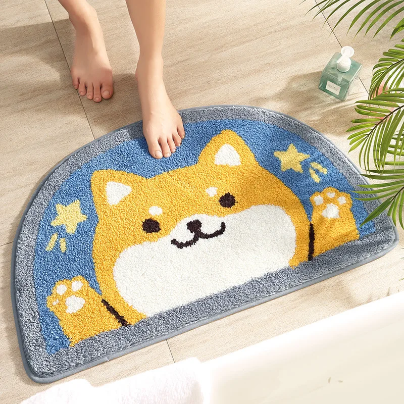 

45*75cm Semicircle Cartoon Cute Cat Shiba Inu Corgi Dog Household Mat Soft Flocking Rug Floor Doormat Bedroom Living Room Carpet