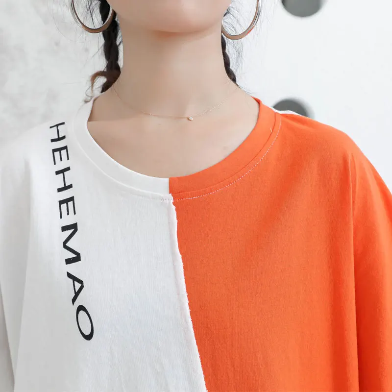 

IEQJ Women T-shirt New Round Neck Long Sleeve Patchwork Panelled Letter Fashion Short Over Size Top Summer 2021 8P609