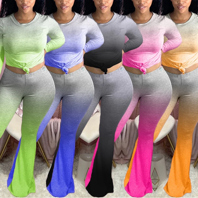 

Women Gradient Pirnt Long Sleeve Cut Overalls Wide Leg Flare 2 Piece