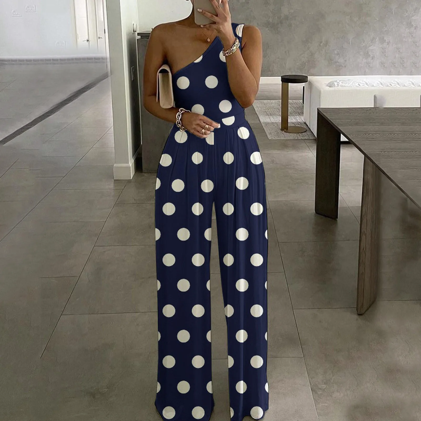

Ladies Summer One-piece Trousers Fashion Wide-leg Pants Polka Dot Stripe Printing One-shoulder Sling One-shoulder Trousers