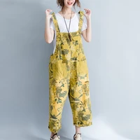personalized printed denim jumpsuit bib pants yellow sleeveless wide leg pants summer overalls women