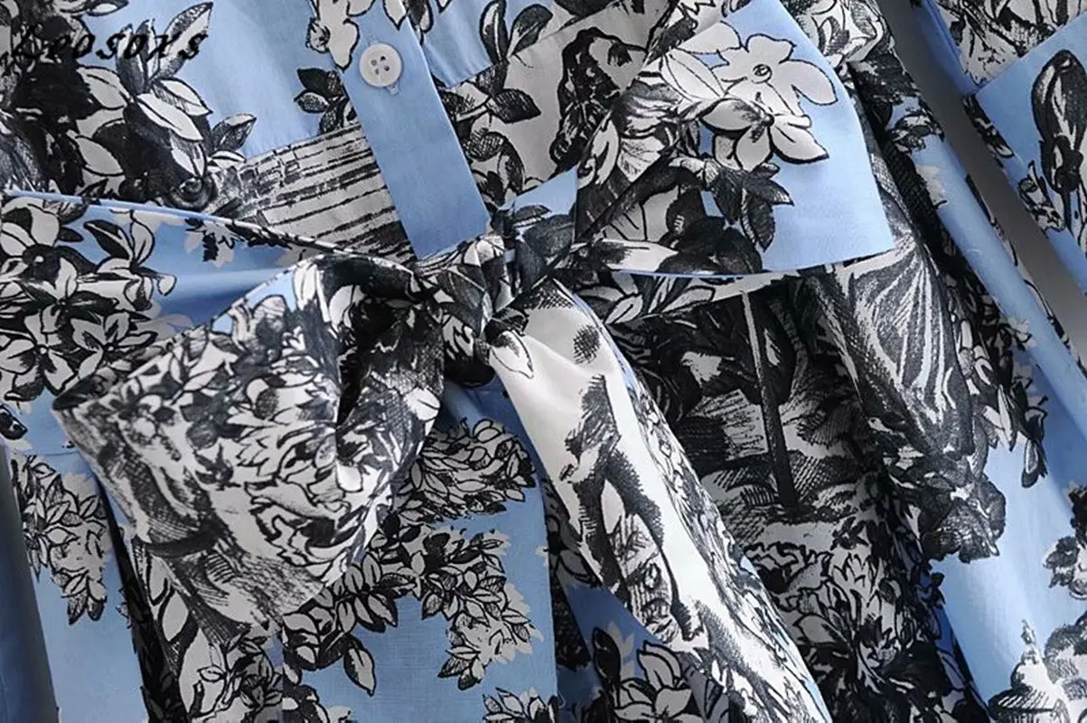 

Leosoxs French elegant print shirt dress women long high waist single breasted sashes slim vintage dresses 2021 Spring New