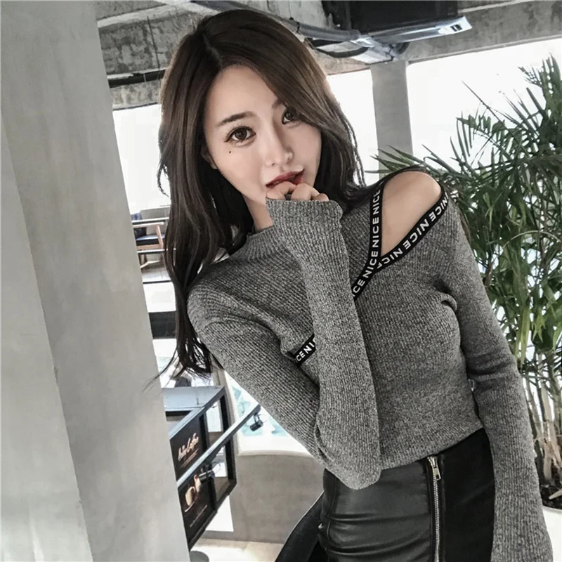 

shintimes Letter Appliques Off Shoulder Sweater High Elastic Sweters Women Invierno 2020 Korean Style Women Pullover Pull Femme