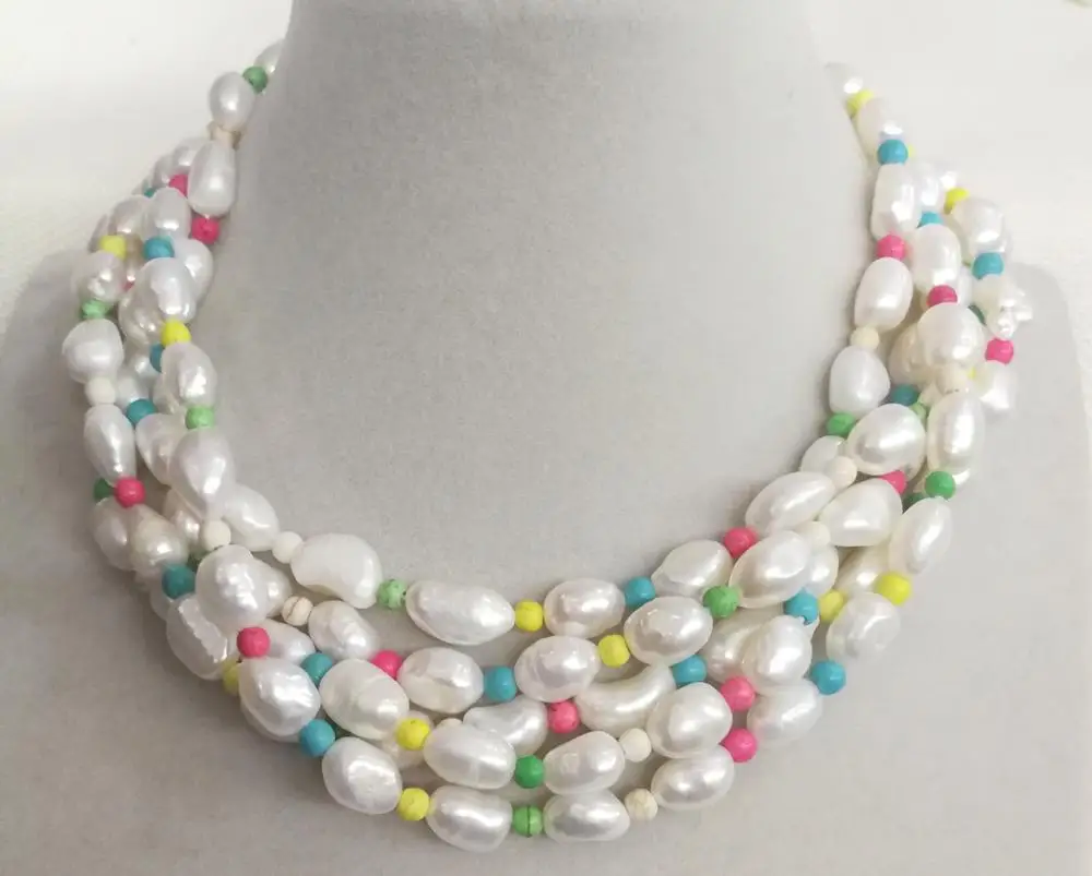 

5 strands 9x10mm baroque white pearl colorful stone mixed necklace natural freshwater pearl Woman Jewelry 14'' 35cm 43cm 17''