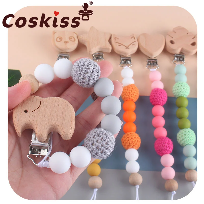 

Coskiss 1pcs New Baby Pacifier Chain Beech Wooden Animal Clip Geometric Crochet Beads Wood Teether Tiny Rod Dummy Clips Kid