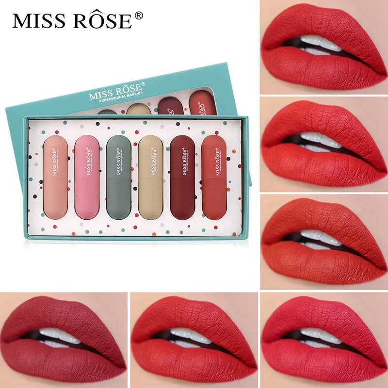 

6Pcs/Set MISS ROSE New Capsule Matte Lipstick Set Christmas Gift Waterproof Long Lasting Velvet Sexy Red Lip Gloss 0244