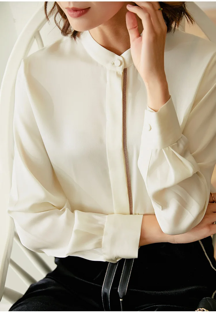 22 мм Тяжелая шелковая блузка Осень длинный рукав мягкая пятнистая рубашка