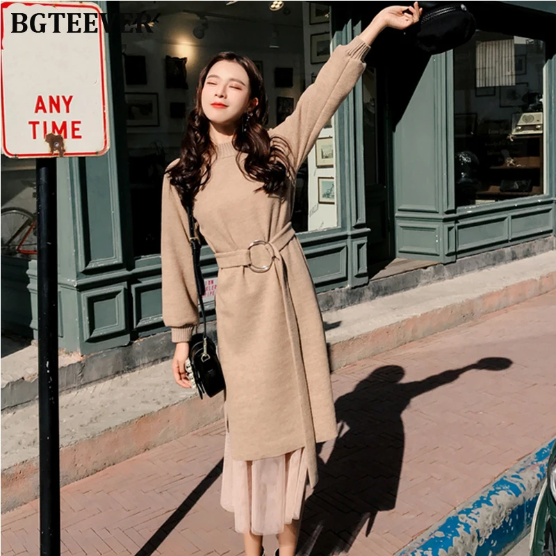 Женское трикотажное платье свитер BGTEEVER повседневное Сетчатое Макси с поясом