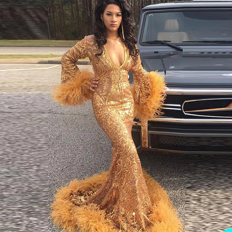 

Sexy Deep V Neck Lace Prom Dresses Feather Long Sleeves Mermaid Sweep Train Evening Gowns Saudi Arabia Formal Party Dress