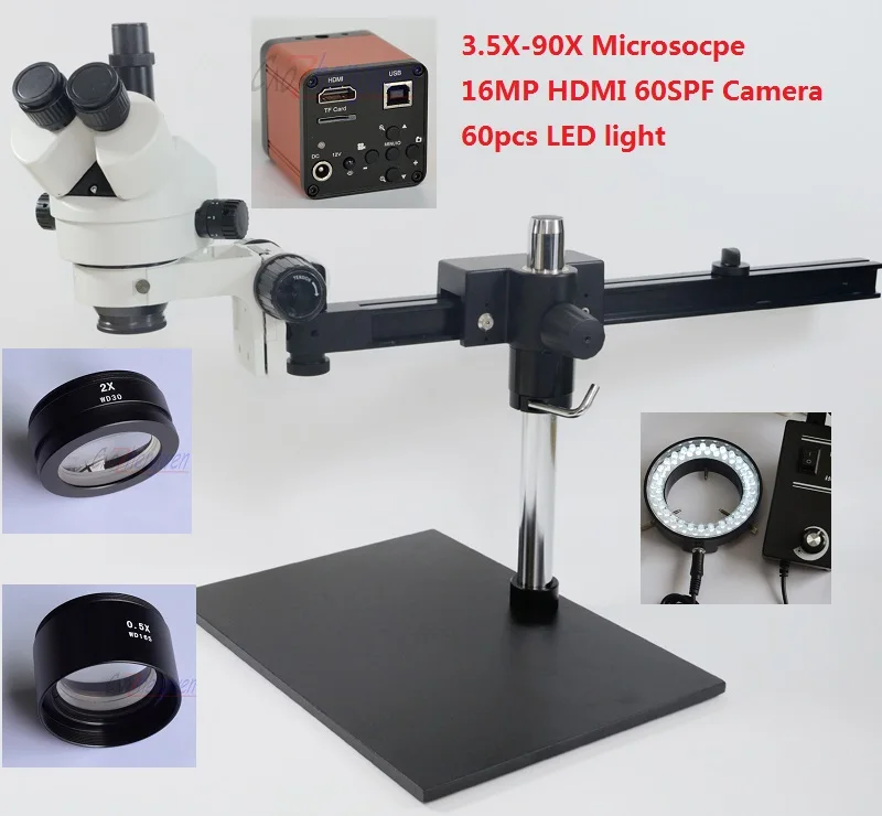 FYSCOPE 16MP HDMI камера микроскоп 3.5X-90X! Направляющая стойка Стерео Зум тринокулярный микроскоп+ 60 шт. светодиодный микроскоп