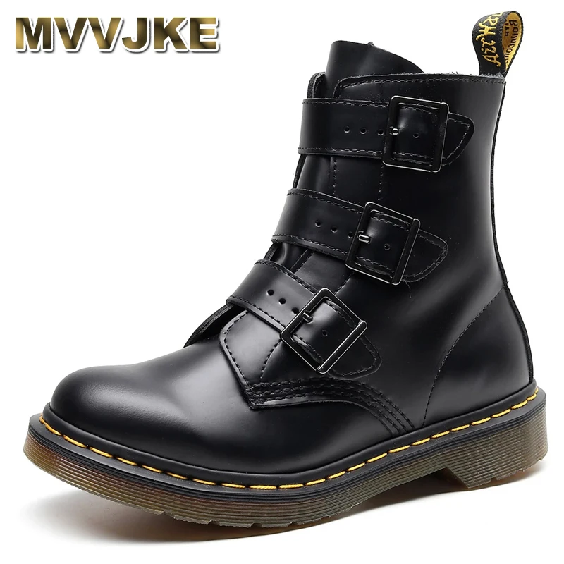

MVVJKEhigh-top short Boots women leather All-match ankle boots British men motorcycle three buckle straps new black fashion shoe