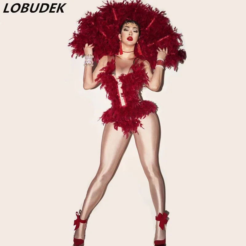 

Новинка, Женский комбидресс без рукавов с красными перьями, сексуальный костюм для DJ, певицы, бара, костюм для клувечерние, танцевальный обл...