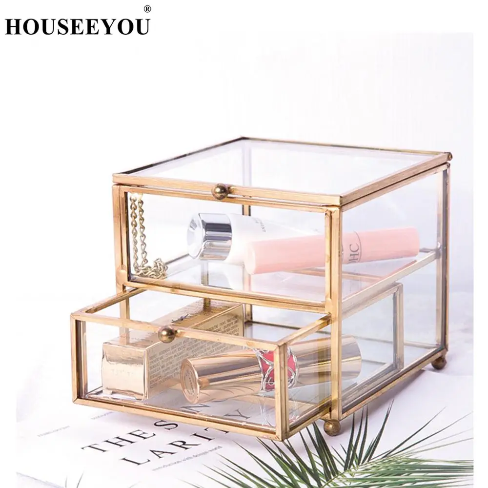 European Retro Copper Edge Drawer Glass Jewelry Storage Box Cosmetic Makeup Organizer Bathroom Rack Display Stand Holder