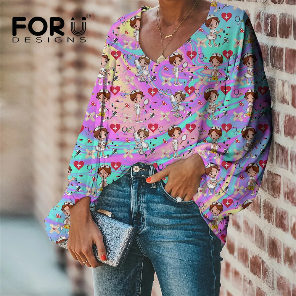

FORUDESIGNS Premium Sketch Physio Gradient Color Design Blouses Casual Long Sleeve customizable Shirts Spring Chiffon Clothing