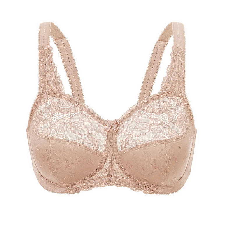 Beige02 DELIMIRA женский полный охват Плюс Размер без подкладки и швов цветочный кружевной бюстгальтер - Цвет: Beige02