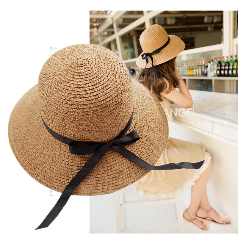 

Simplicity Summer Sun Hats Women Fashion Girl Straw Hat Ribbon Bow Beach Hat Casual Straw Flat Top Bucket Cap Panama Hats