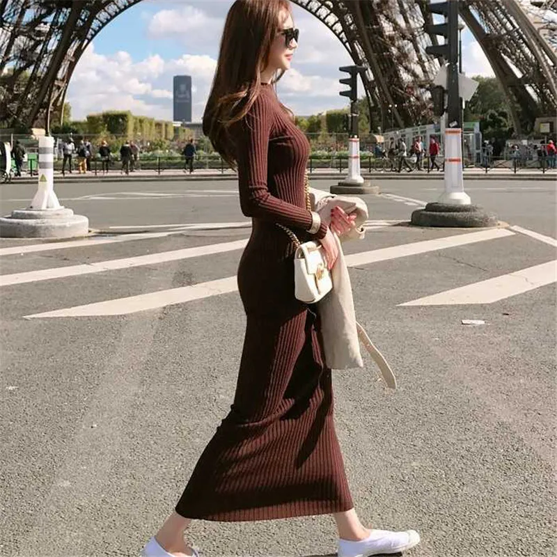 Зимнее платье свитер с длинным рукавом облегающее трикотажное горячая