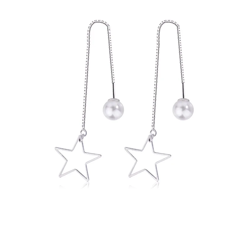 

Fashion Jewelry Star Earrings Simply Design Long Chain Metal Simulated Pearl Dangle Earrings For Girl Party Gifts
