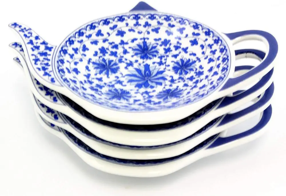 Керамическая фотография с синим рисунком и в форме чайника блюдо для чайного