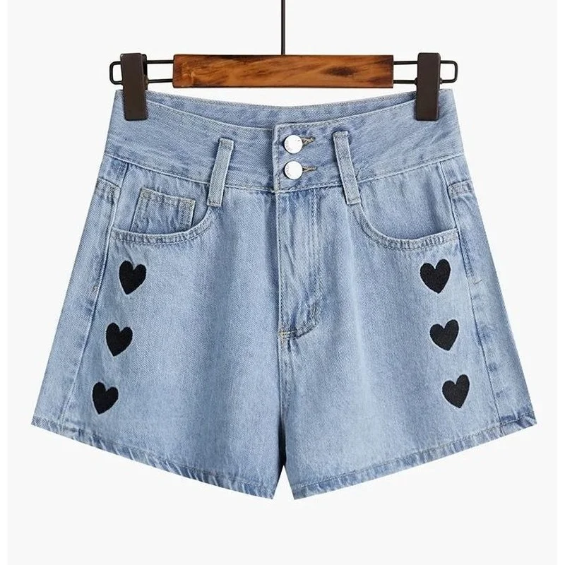

Love pattern denim shorts women's new high waist large size loose Korean casual a-line shorts wide-legged denim shorts