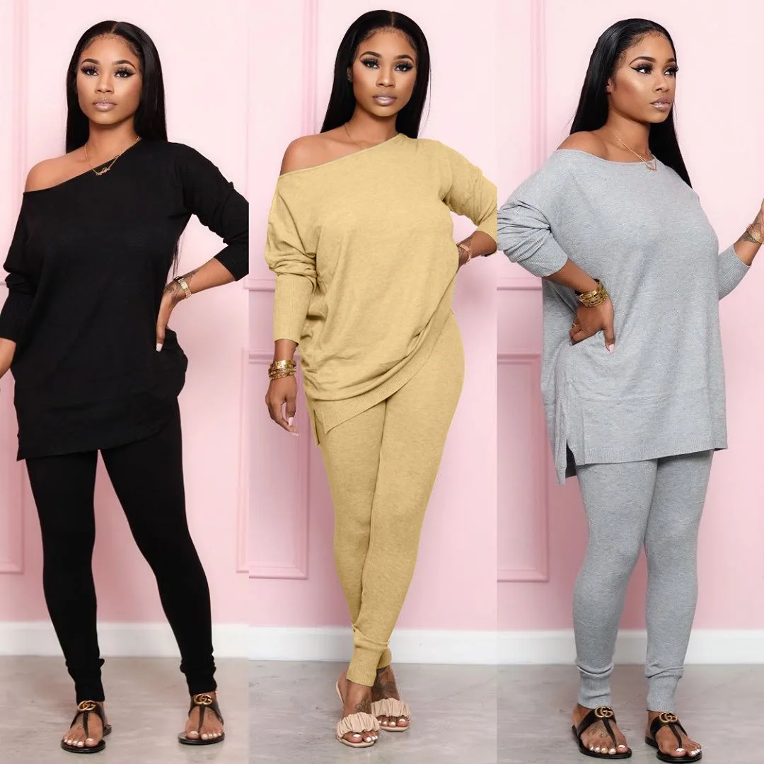

Ursuper 2021 New Fashion Two-piece Casual Solid Off Shoulder Women Pant Set Full Pullover Ladies